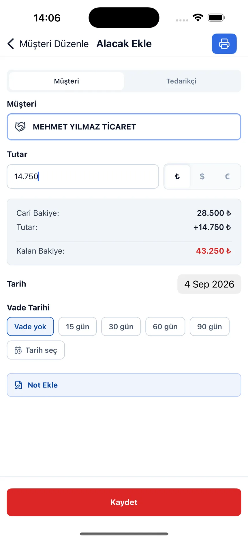 Alacak kaydı: tutar, vade ve kalan bakiye anında hesaplanır