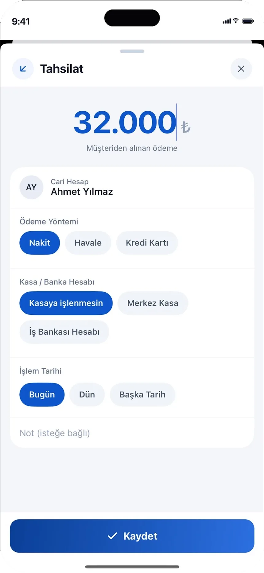 Tahsilat kaydı: tutar, ödeme yöntemi ve kasa/banka hesabı tek ekranda