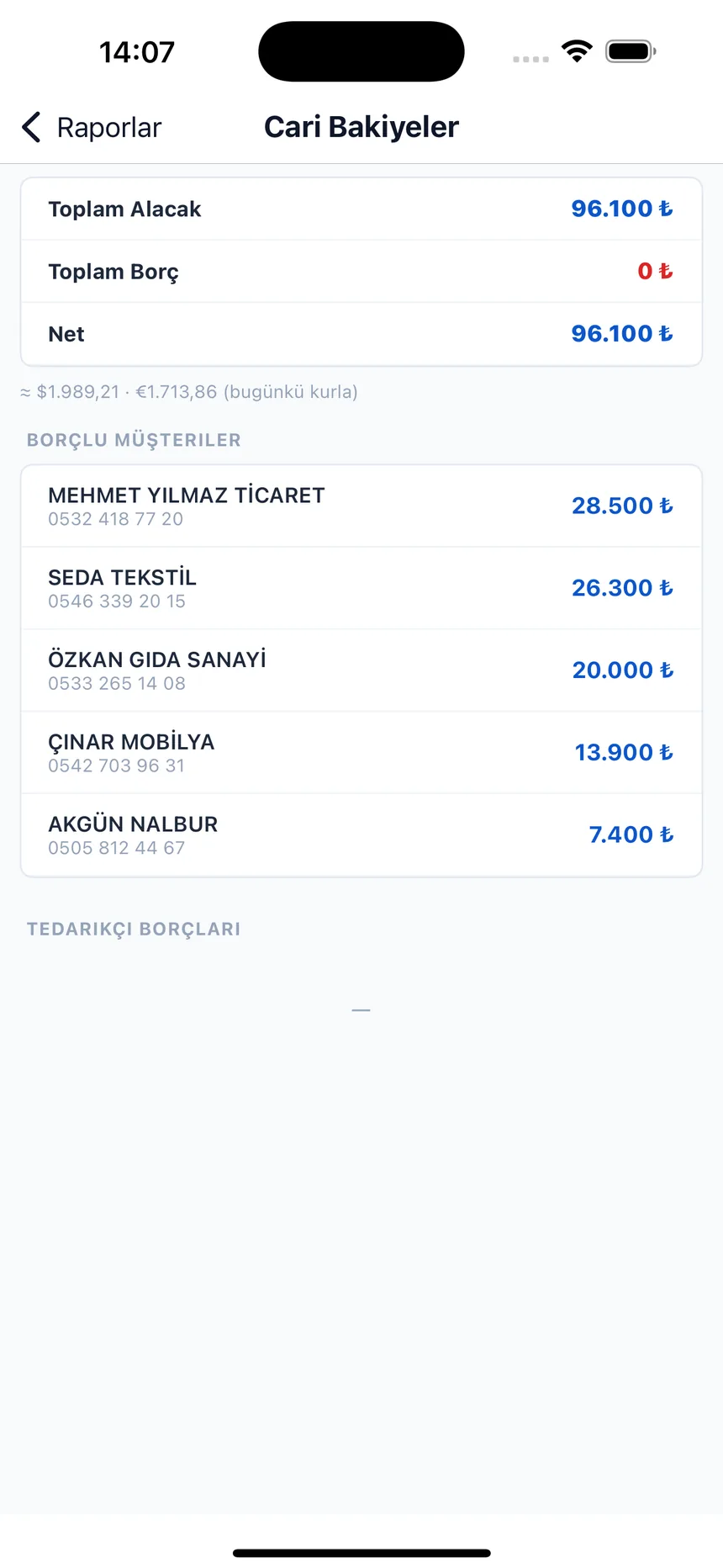 Cari bakiye raporu