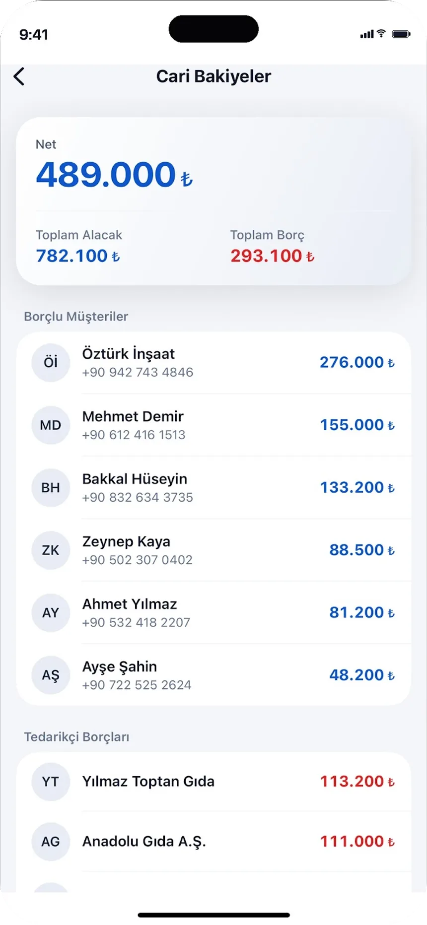 Cari bakiye raporu: toplam alacak, toplam borç ve net durum