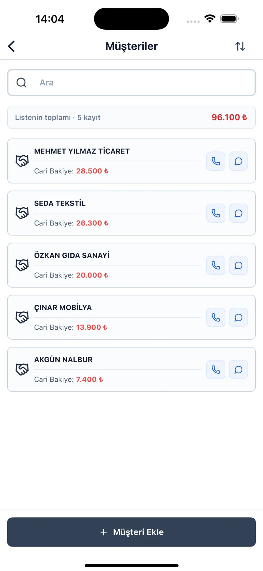 Müşteri listesi: telefon ve güncel cari bakiye yan yana